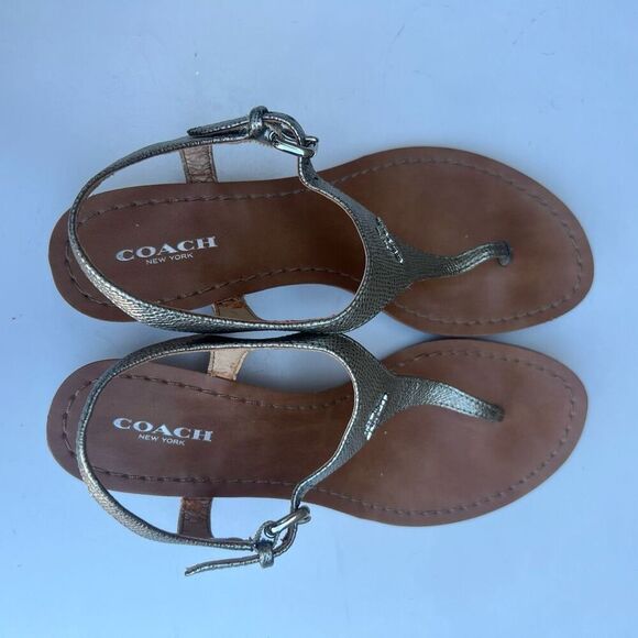 Coach Vitalia Gold Sandals T-Strap Slingback Pebbled Leather Low Wedge Size 7 - Picture 10 of 12